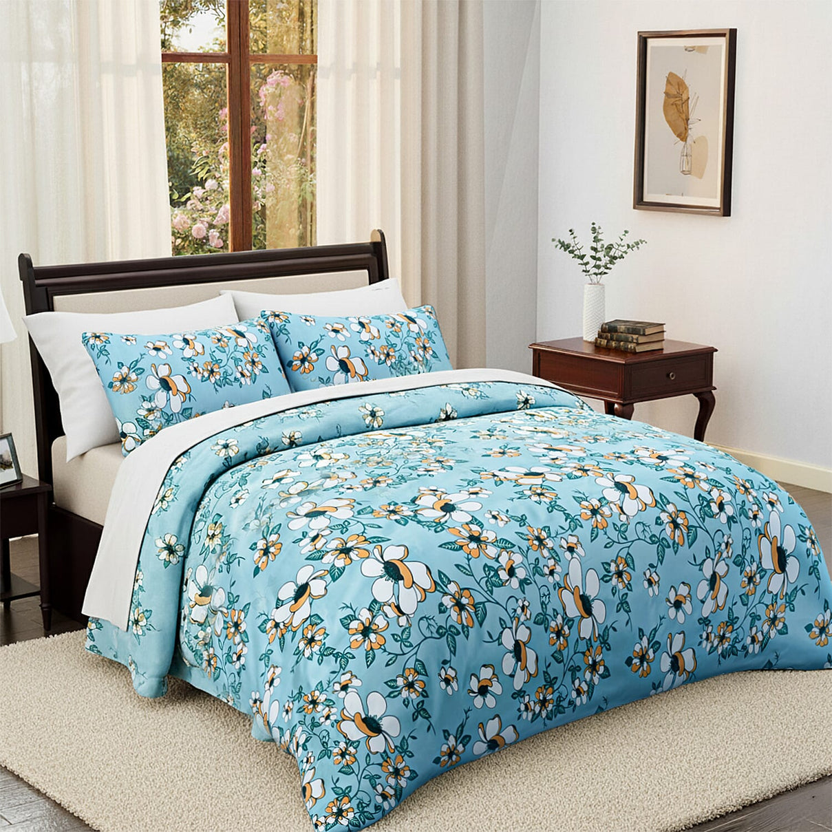 Hush Heaven 3-Piece Floral Print Duvet Set with Pillow Covers - Storage Bag (Size Double) - Blue 8083249 0