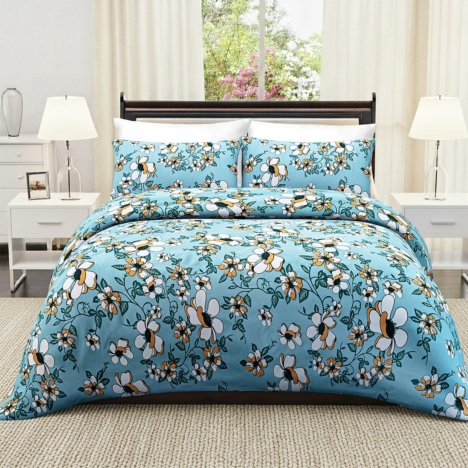 Hush Heaven 3-Piece Floral Print Duvet Set with Pillow Covers - Storage Bag (Size Double) - Blue 8083249 2
