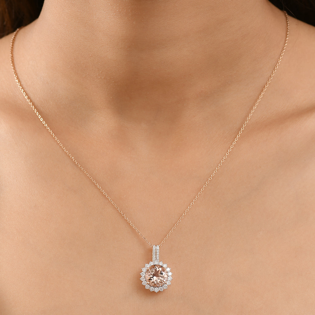 10K Rose Gold AAA Morganite, White Diamond I2 Main Stone With Side Stone Pendant, Gold Wt.2 Gms  3.850  Ct._8084322_2