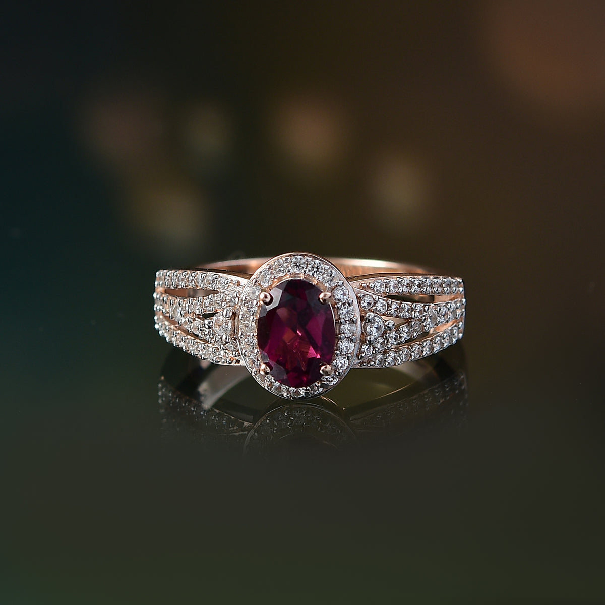 Radiant Ember Garnet, White Zircon Halo Ring in 18K Vermeil Rose Gold Plated Sterling Silver 1.62 Ct. V32516528 2