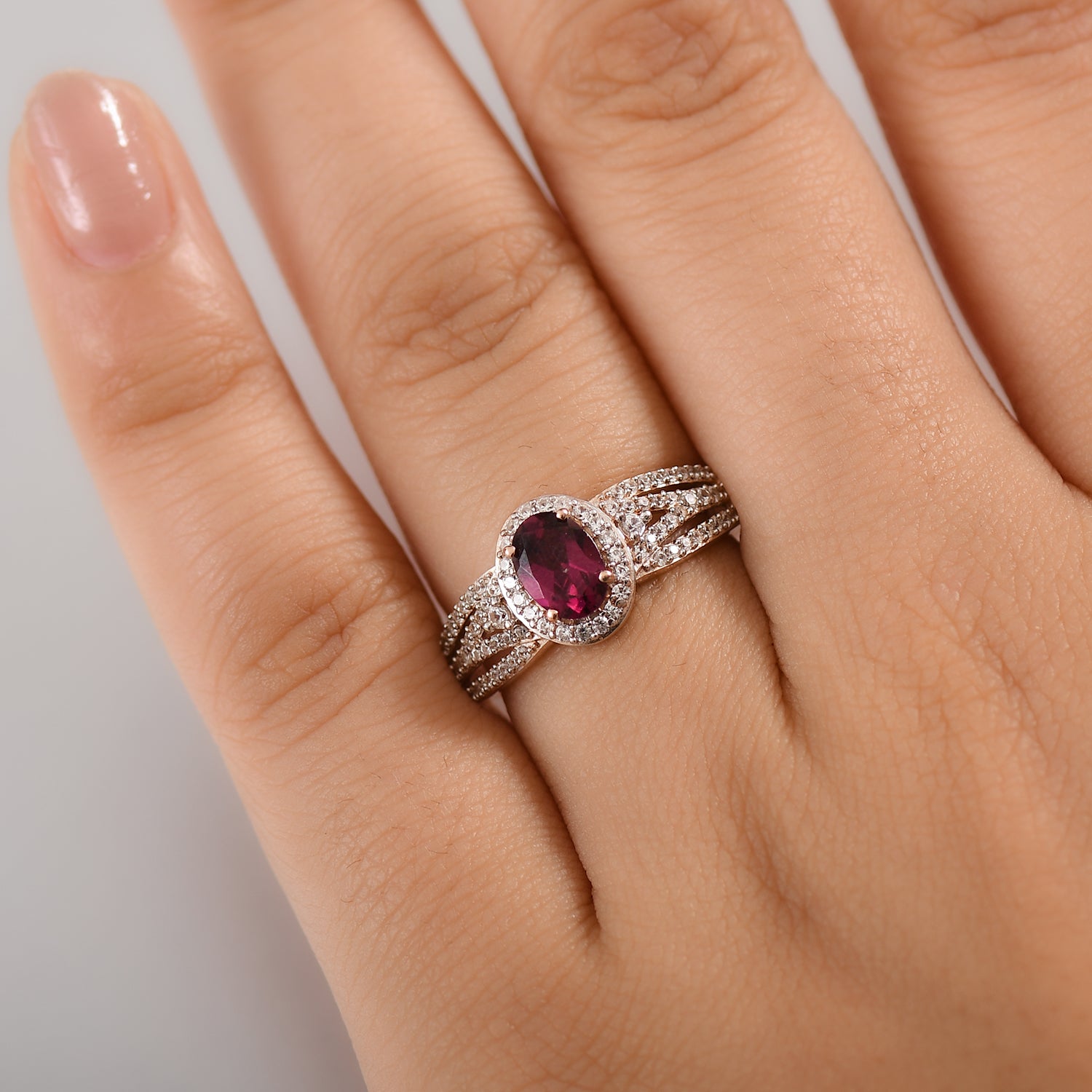 Radiant Ember Garnet, White Zircon Halo Ring in 18K Vermeil Rose Gold Plated Sterling Silver 1.62 Ct. V32516528 3