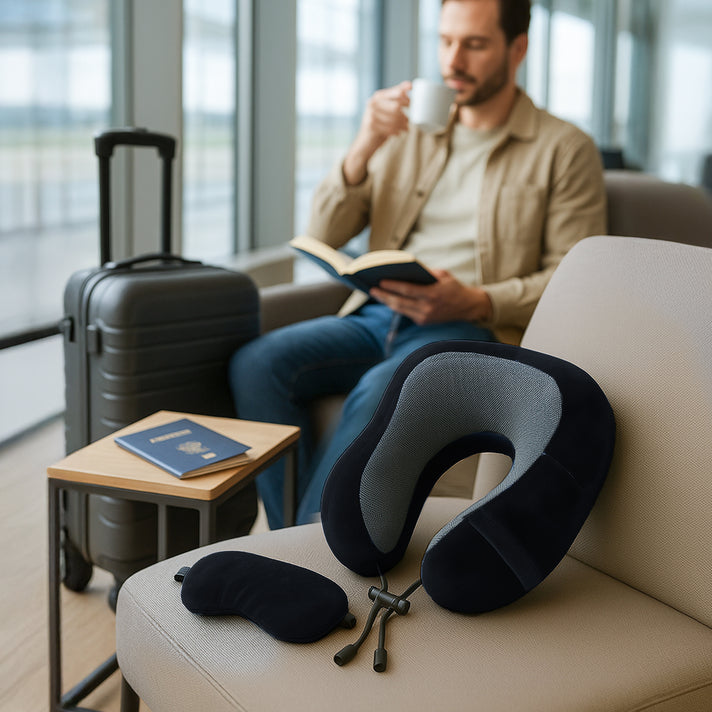 Memory Foam Travel Neck Pillow &amp; Eye Mask Set (Size 30x28cm) - Black 8085523 1