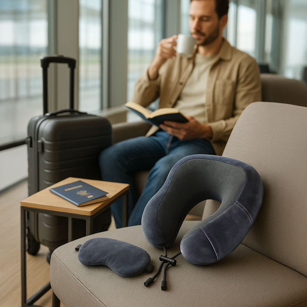 Memory Foam Travel Neck Pillow & Eye Mask Set (Size 30x28cm) - Grey_8085526