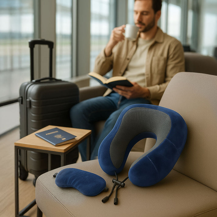 Memory Foam Travel Neck Pillow &amp; Eye Mask Set (Size 30x28cm) - Navy 8085532 1