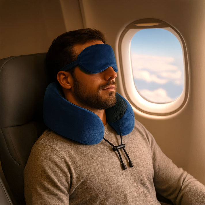 Memory Foam Travel Neck Pillow &amp; Eye Mask Set (Size 30x28cm) - Navy 8085532 2