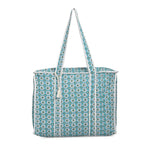 Quilted Fabric Floral Print Tote Bag with Zipper Closure - Turquoise Green and White_8086048