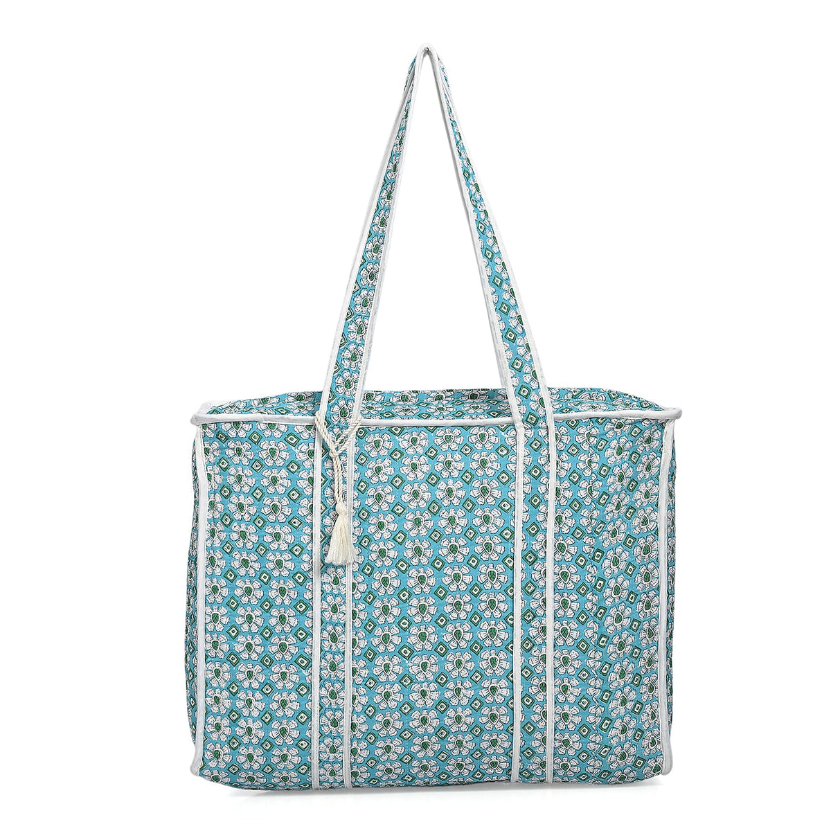 Quilted Fabric Floral Print Tote Bag with Zipper Closure - Turquoise Green and White V32606069 0