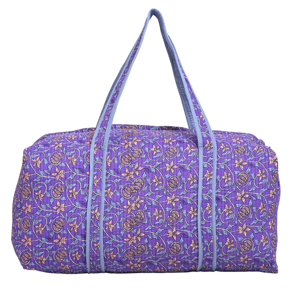 Cotton Hand - Block Floral Print Quilted Travel Duffel Bag - Purple_8086593