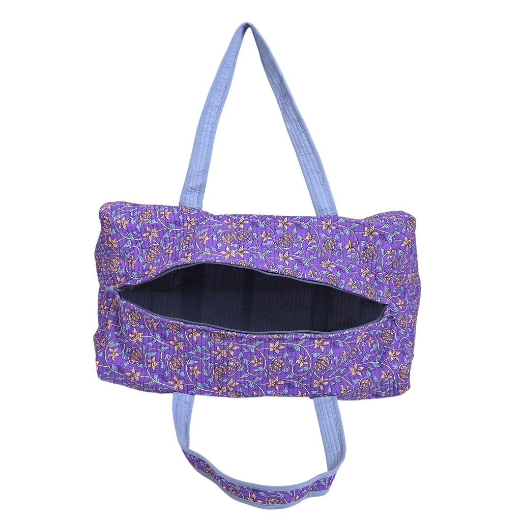 Cotton Hand - Block Floral Print Quilted Travel Duffel Bag - Purple_8086593_6
