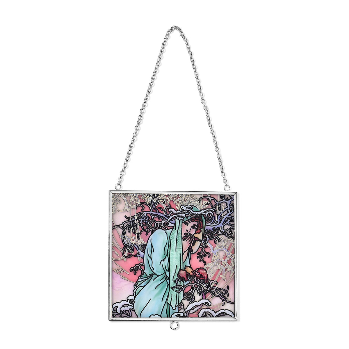Alphonse Maria Mucha Glass Suncatcher - Square Pendant with Chain &amp; Silver Frame - Multicolour V32512761 2