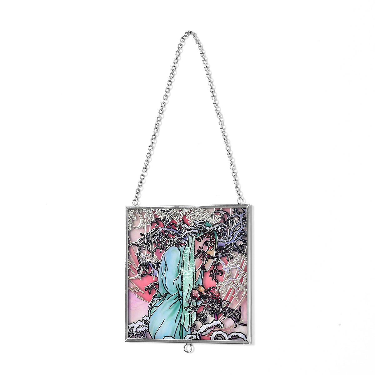Alphonse Maria Mucha Glass Suncatcher - Square Pendant with Chain &amp; Silver Frame - Multicolour V32512761 3