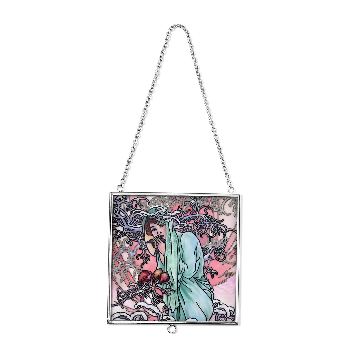 Alphonse Maria Mucha Glass Suncatcher - Square Pendant with Chain &amp; Silver Frame - Multicolour V32512761 4