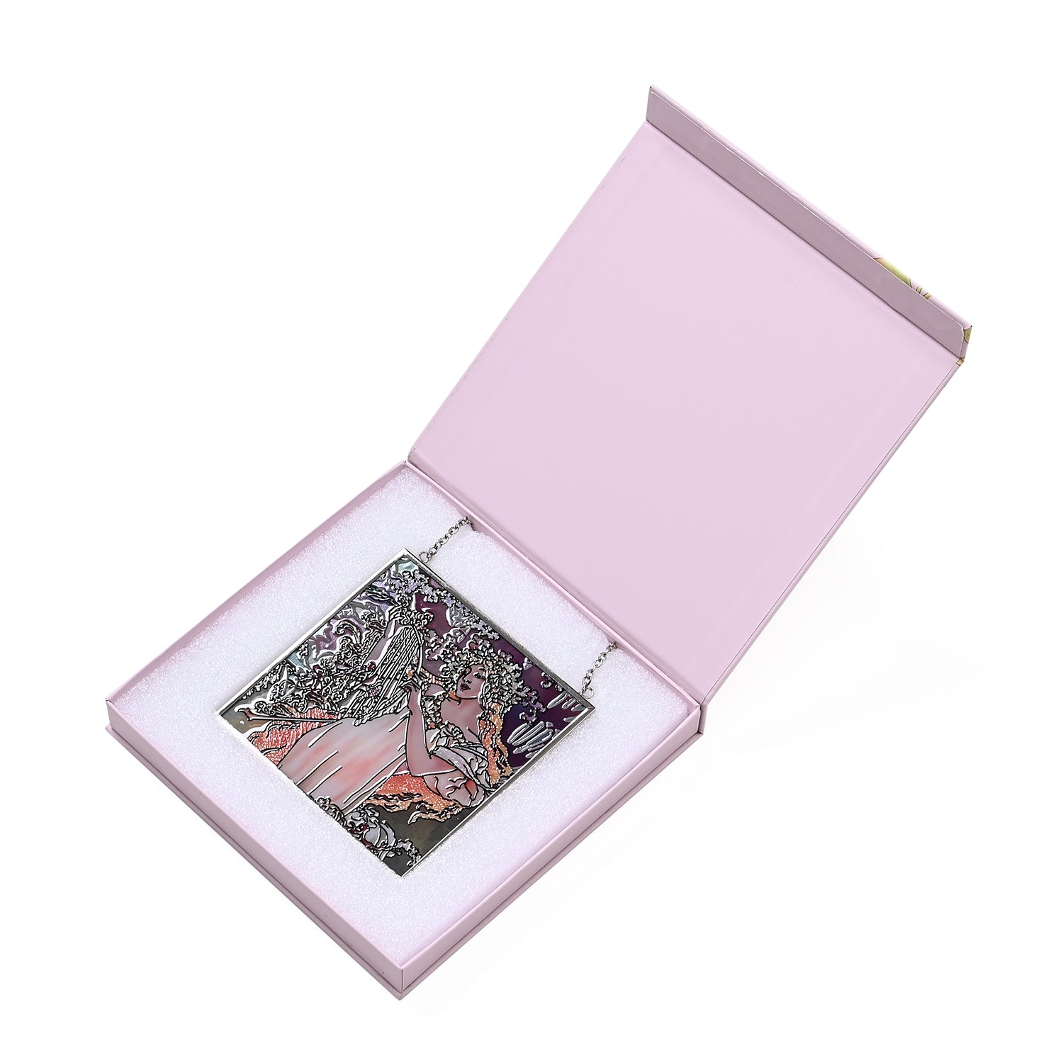 Alphonse Maria Mucha Glass Suncatcher - Square Pendant with Chain &amp; Silver Frame - Multicolour V32517876 0
