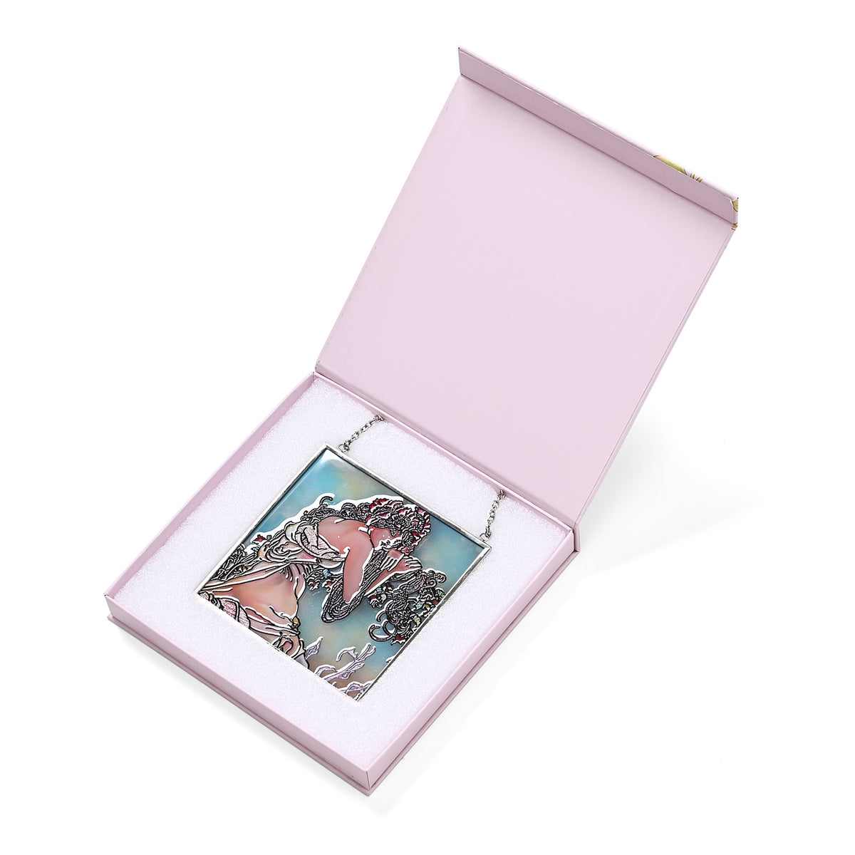 Alphonse Maria Mucha Glass Suncatcher - Square Pendant with Chain &amp; Silver Frame - Multicolour V32512456 0