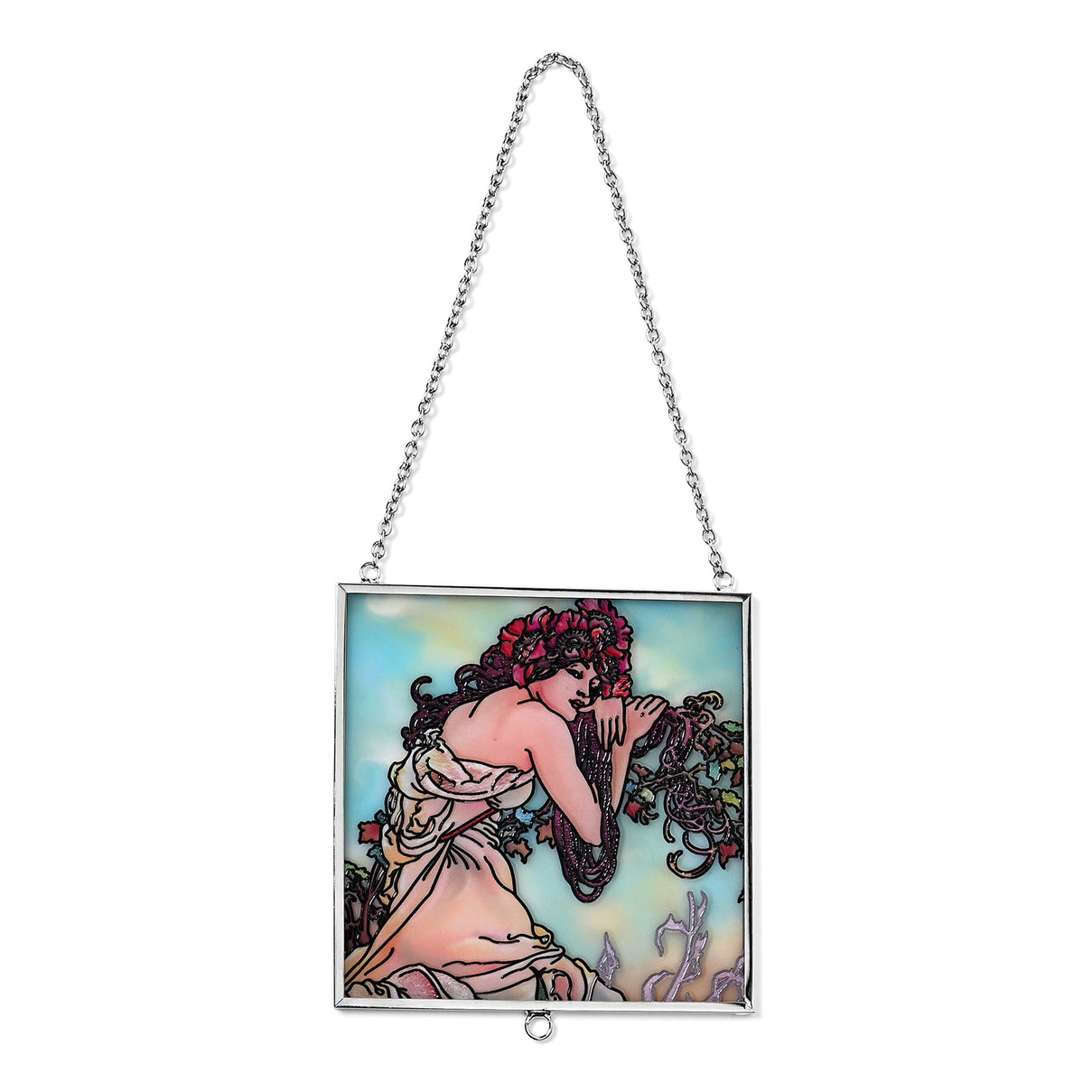Alphonse Maria Mucha Glass Suncatcher - Square Pendant with Chain &amp; Silver Frame - Multicolour V32512456 2