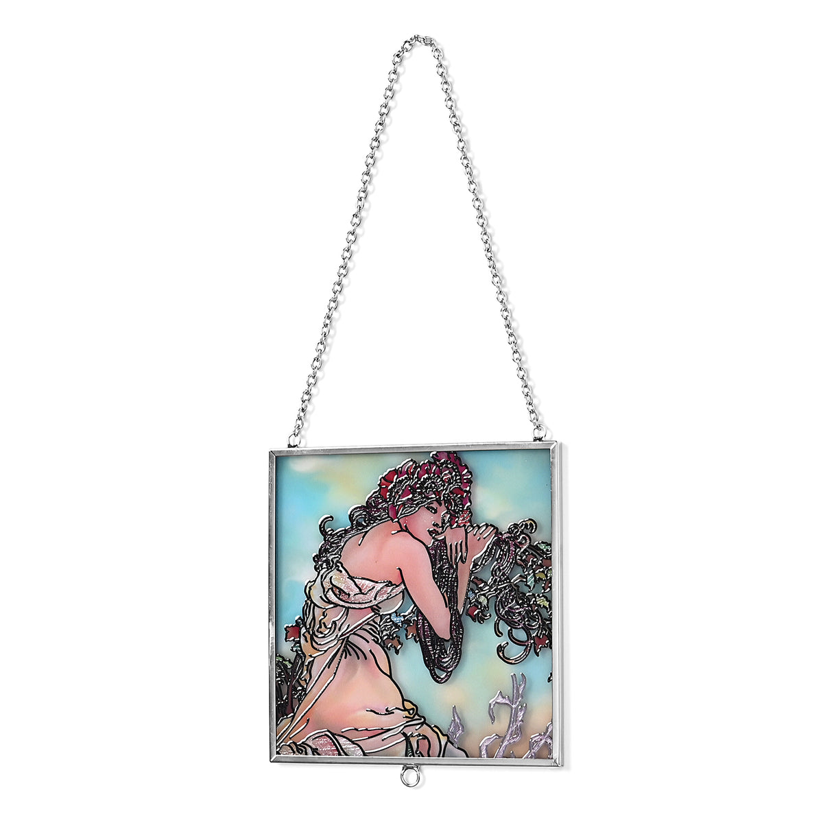 Alphonse Maria Mucha Glass Suncatcher - Square Pendant with Chain &amp; Silver Frame - Multicolour V32512456 3