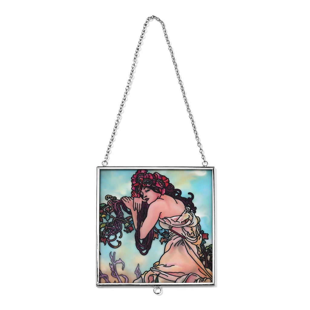 Alphonse Maria Mucha Glass Suncatcher - Square Pendant with Chain & Silver Frame - Multicolour_8087140_3