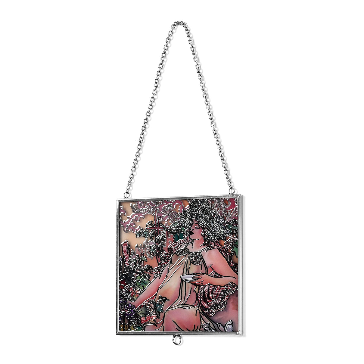 Alphonse Maria Mucha Glass Suncatcher - Square Pendant with Chain &amp; Silver Frame - Multicolour V32512567 2
