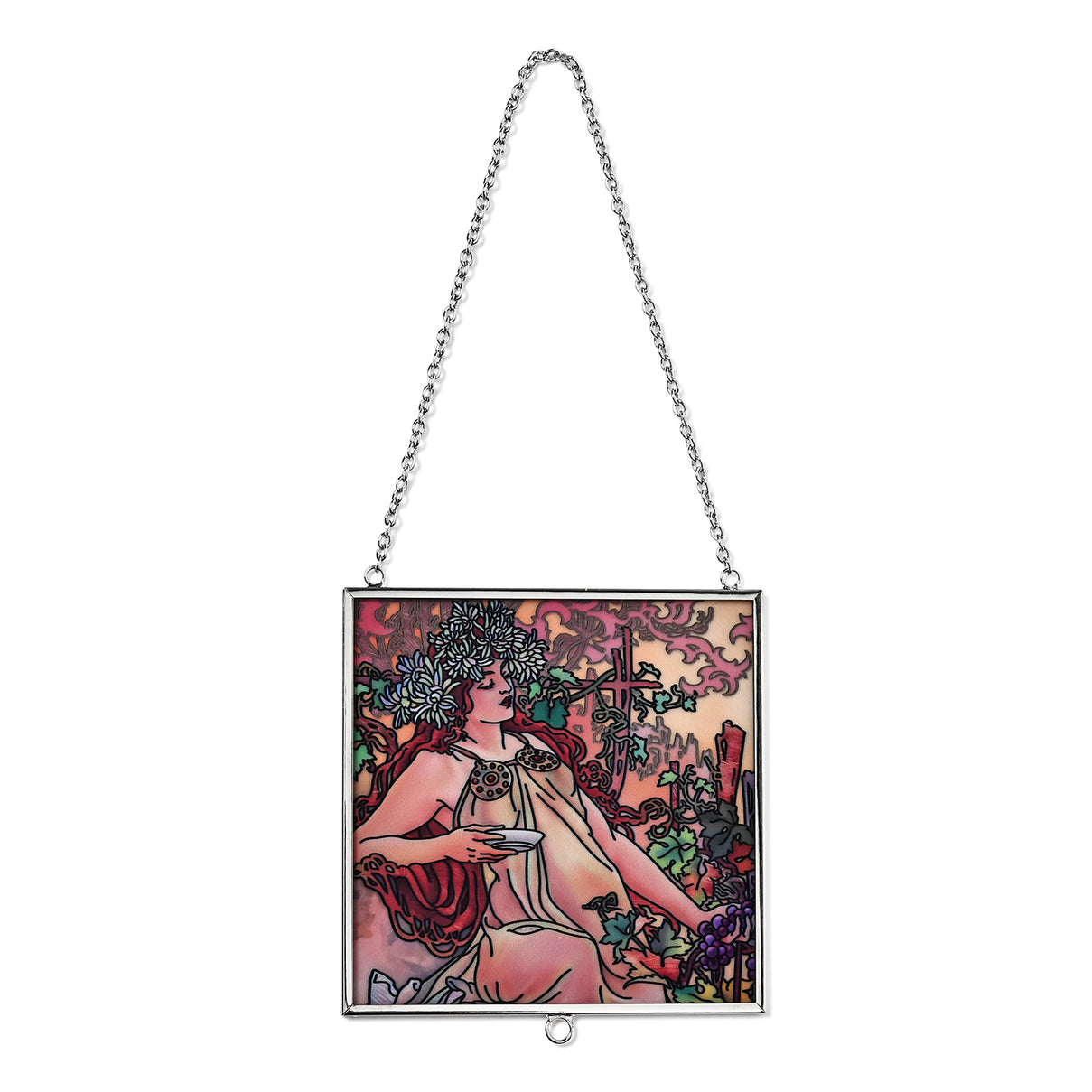 Alphonse Maria Mucha Glass Suncatcher - Square Pendant with Chain &amp; Silver Frame - Multicolour V32512567 3