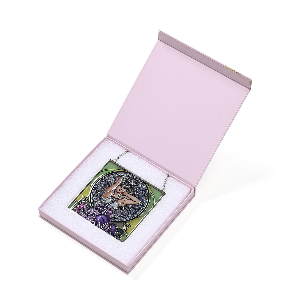 Alphonse Maria Mucha Glass Suncatcher - Square Pendant with Chain & Silver Frame - Multicolour_8087142