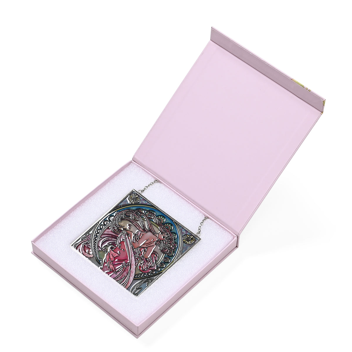 Alphonse Maria Mucha Glass Suncatcher - Square Pendant with Chain &amp; Silver Frame - Multicolour V32512284 0