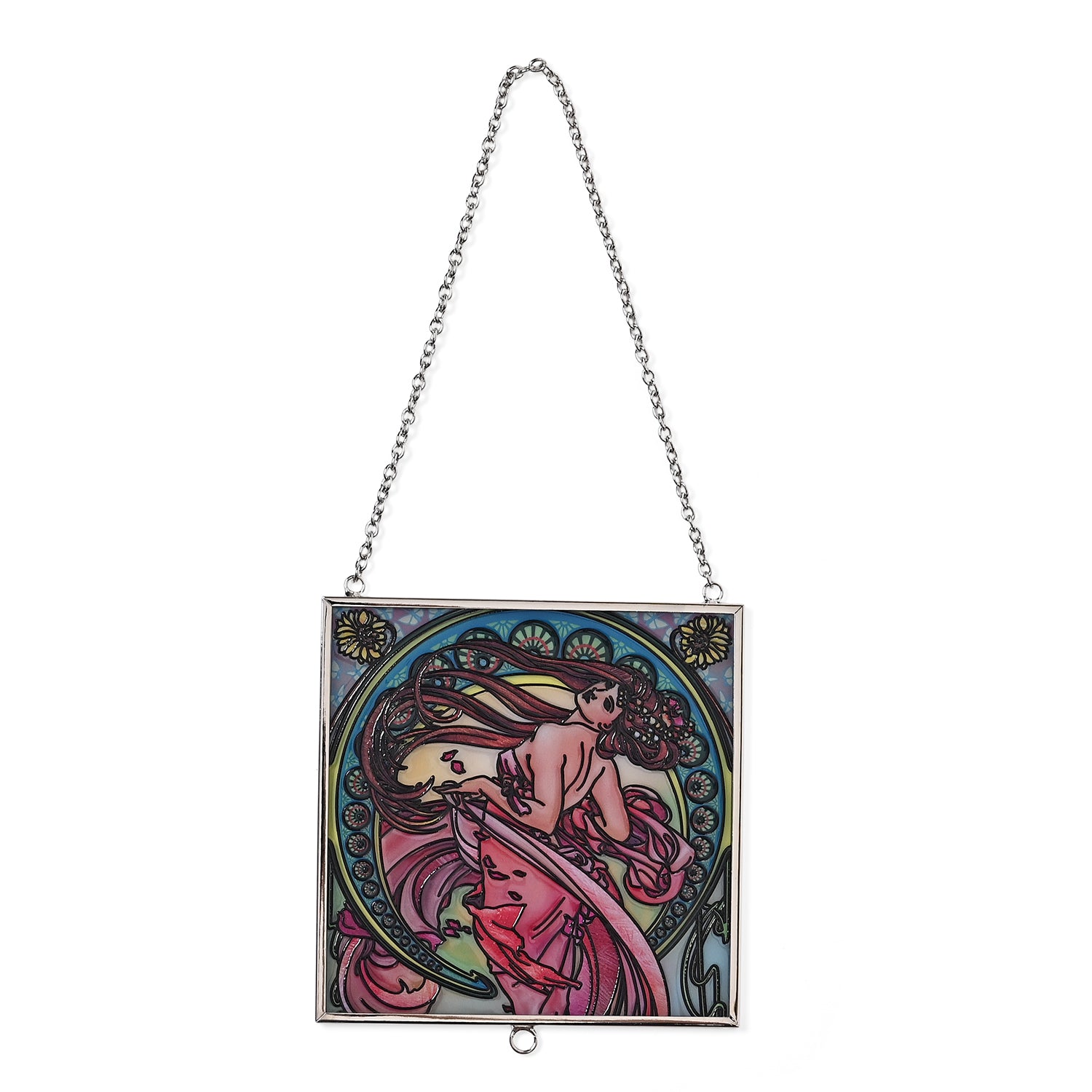 Alphonse Maria Mucha Glass Suncatcher - Square Pendant with Chain &amp; Silver Frame - Multicolour V32512284 2