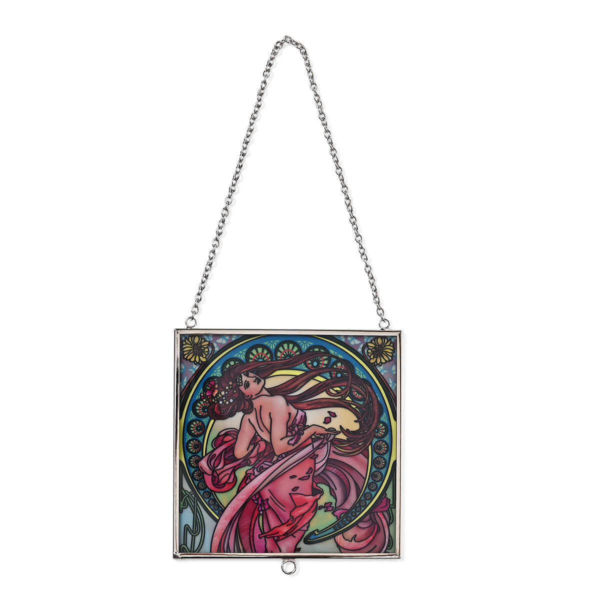 Alphonse Maria Mucha Glass Suncatcher - Square Pendant with Chain &amp; Silver Frame - Multicolour V32512284 4