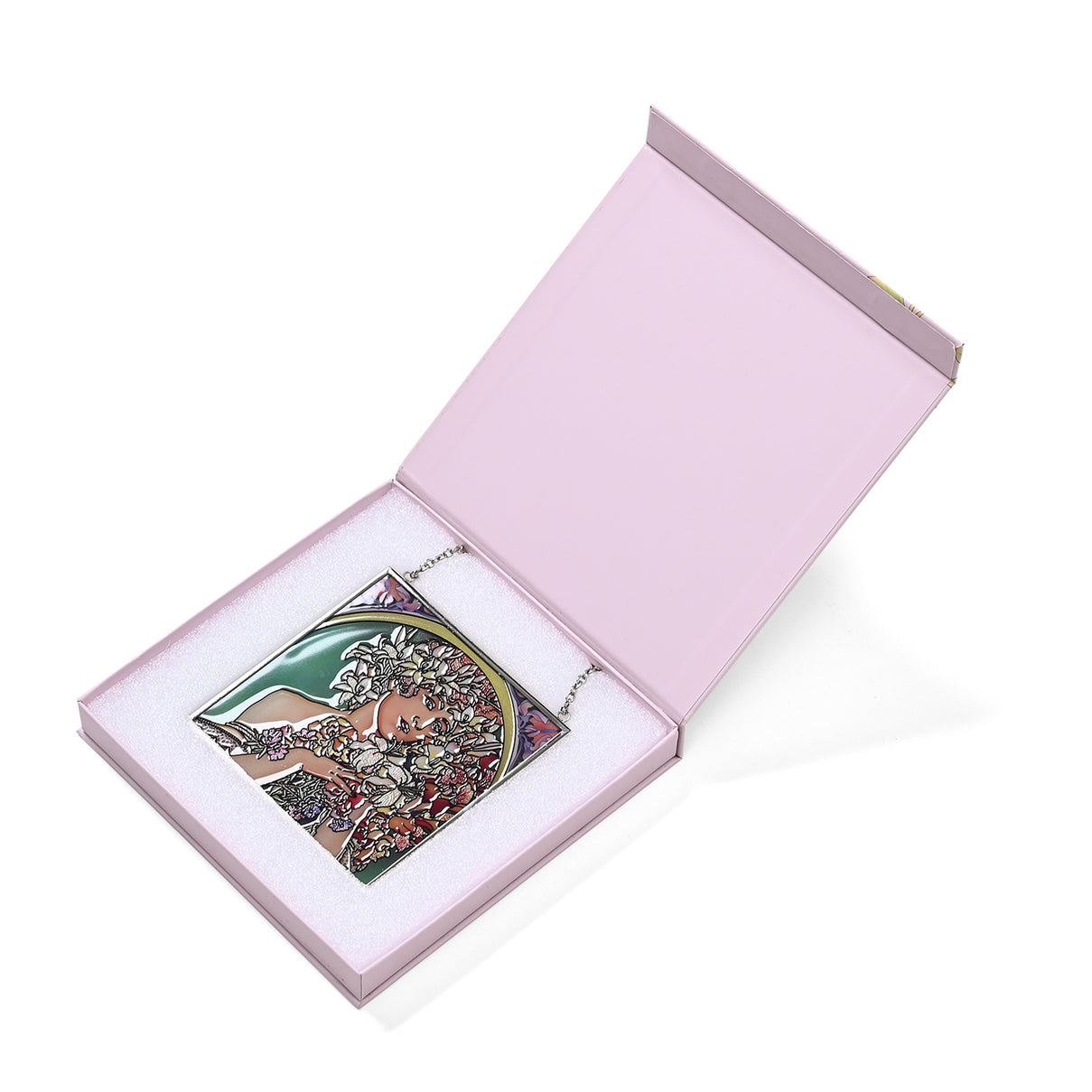 Alphonse Maria Mucha Glass Suncatcher - Square Pendant with Chain &amp; Silver Frame - Multicolour V32512762 0