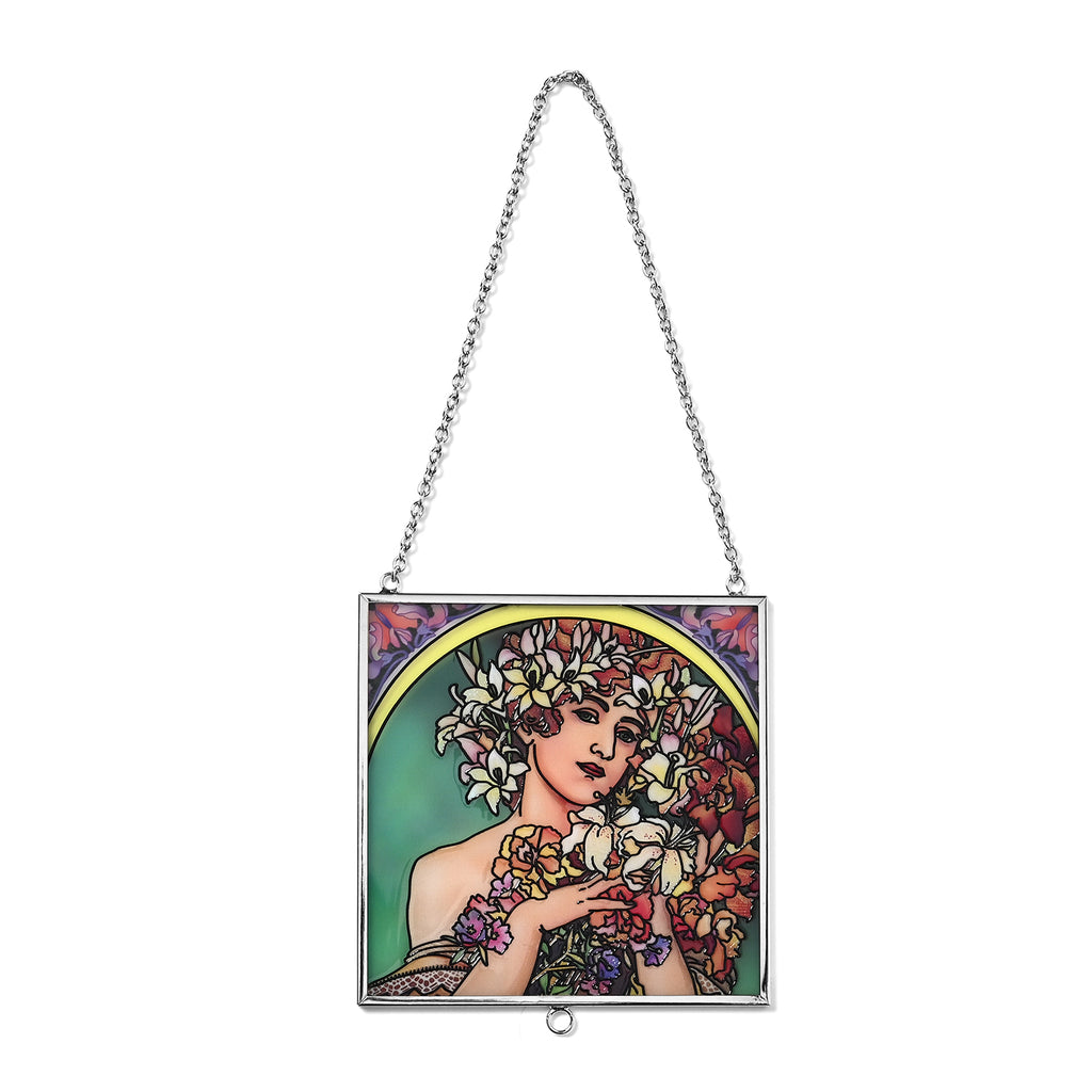 Alphonse Maria Mucha Glass Suncatcher - Square Pendant with Chain & Silver Frame - Multicolour_8087144_1