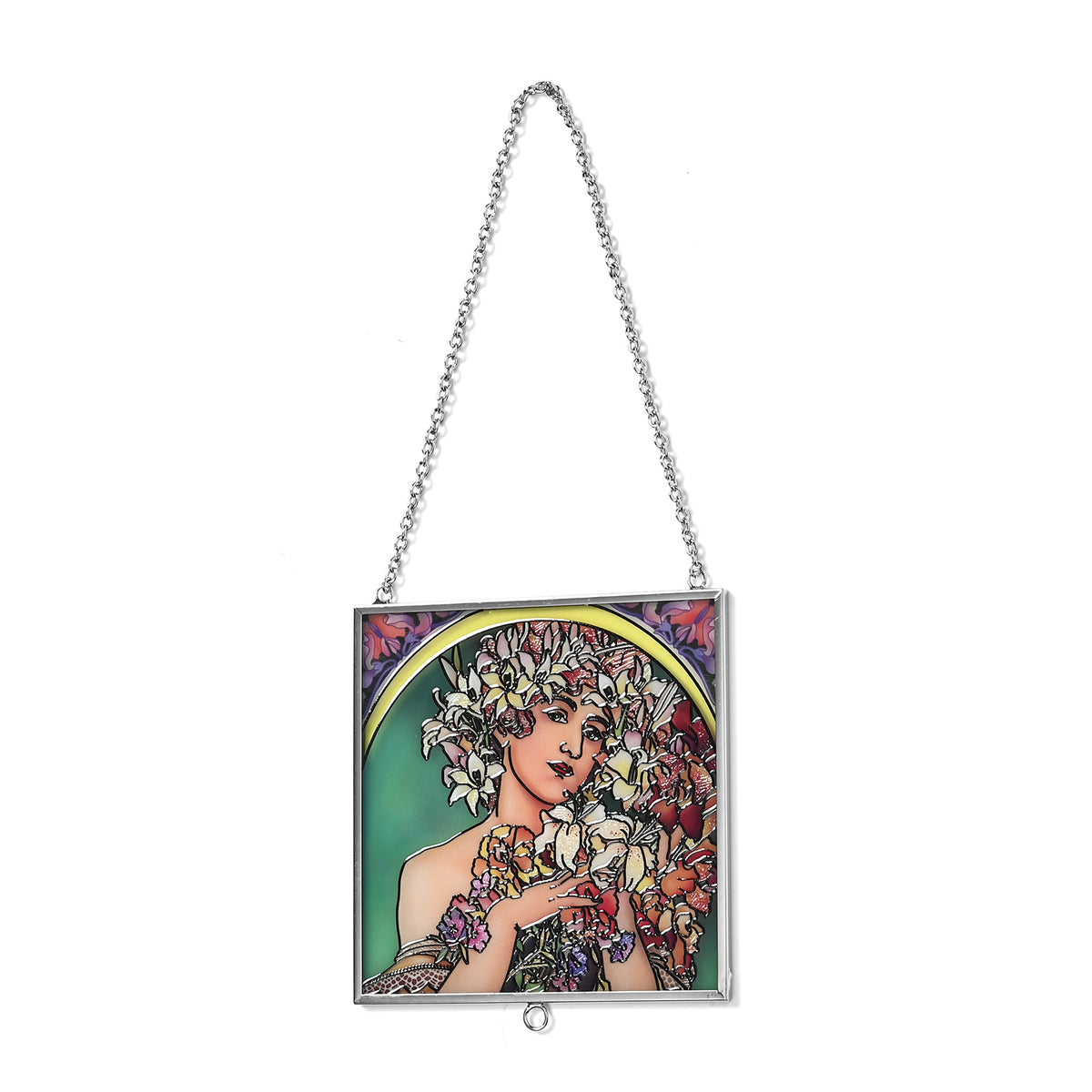 Alphonse Maria Mucha Glass Suncatcher - Square Pendant with Chain &amp; Silver Frame - Multicolour V32512762 3