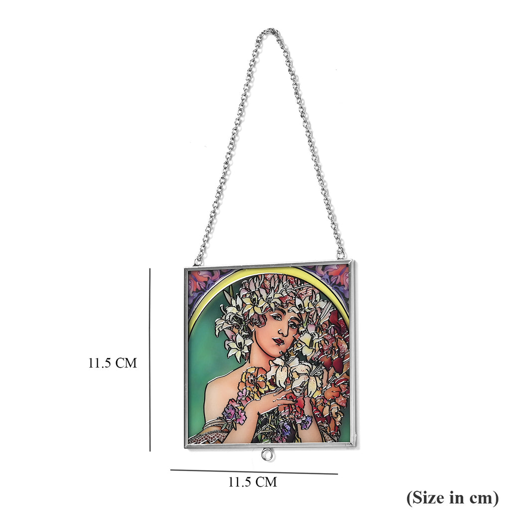 Alphonse Maria Mucha Glass Suncatcher - Square Pendant with Chain & Silver Frame - Multicolour_8087144_4