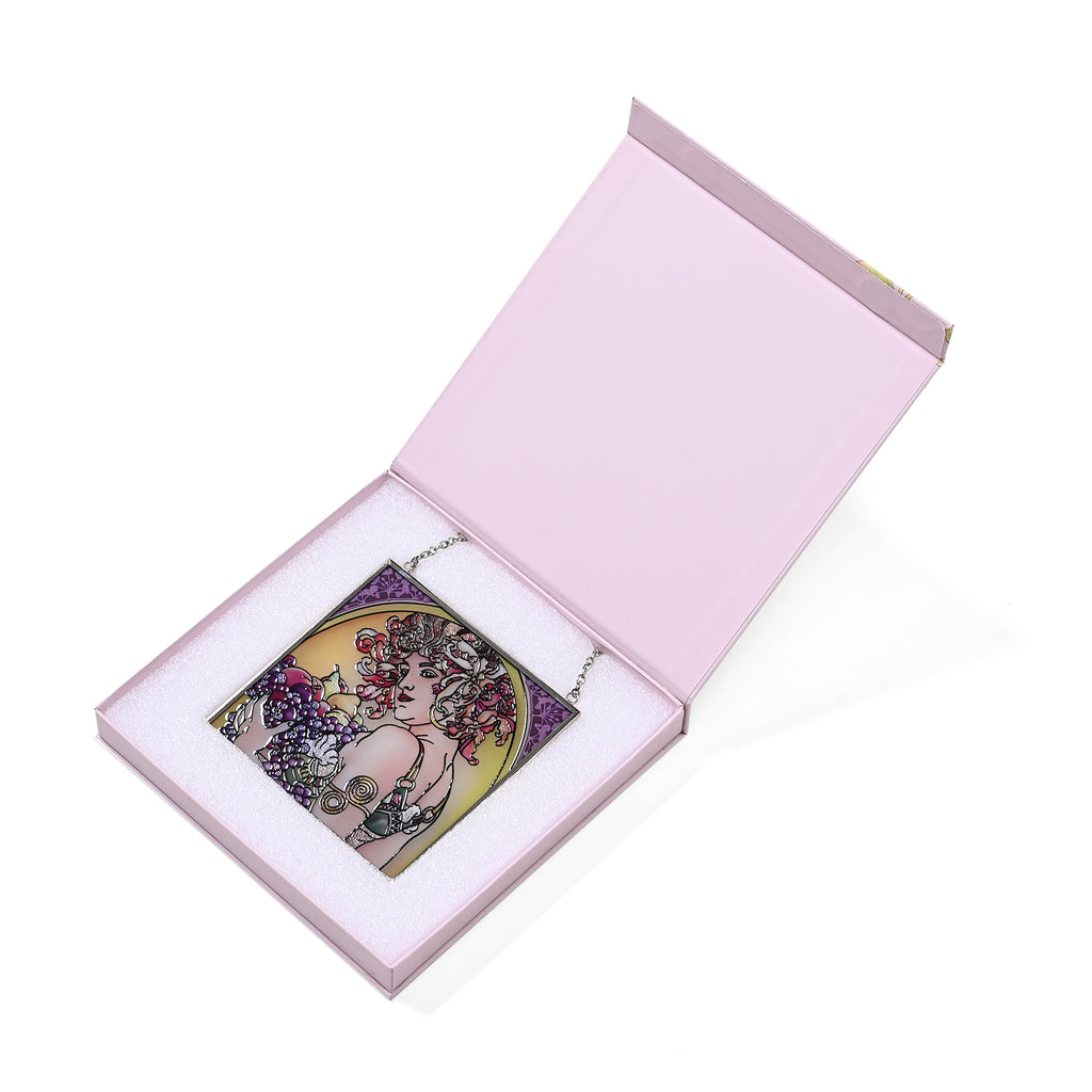 Alphonse Maria Mucha Glass Suncatcher - Square Pendant with Chain & Silver Frame - Multicolour_8087145