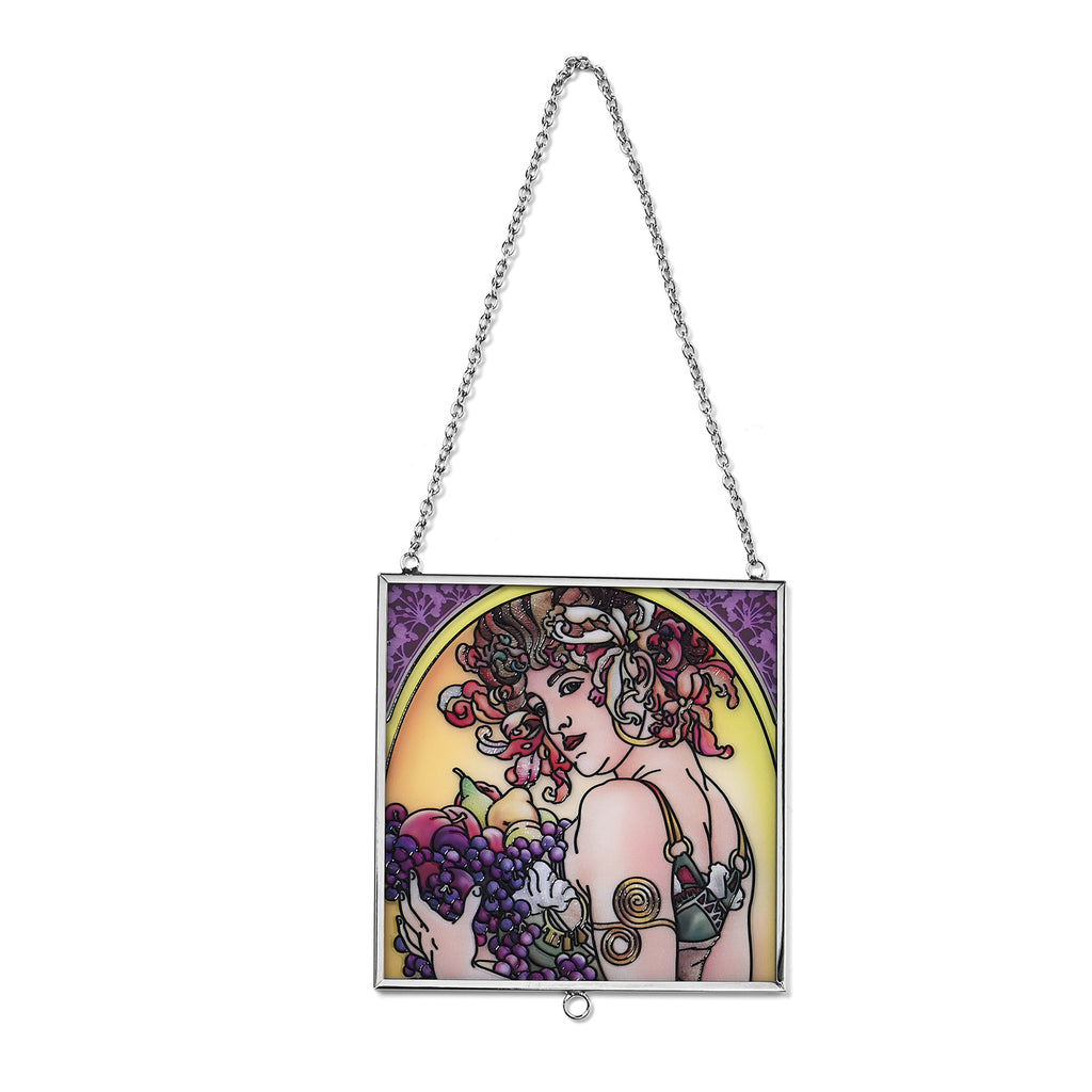 Alphonse Maria Mucha Glass Suncatcher - Square Pendant with Chain & Silver Frame - Multicolour_8087145_1