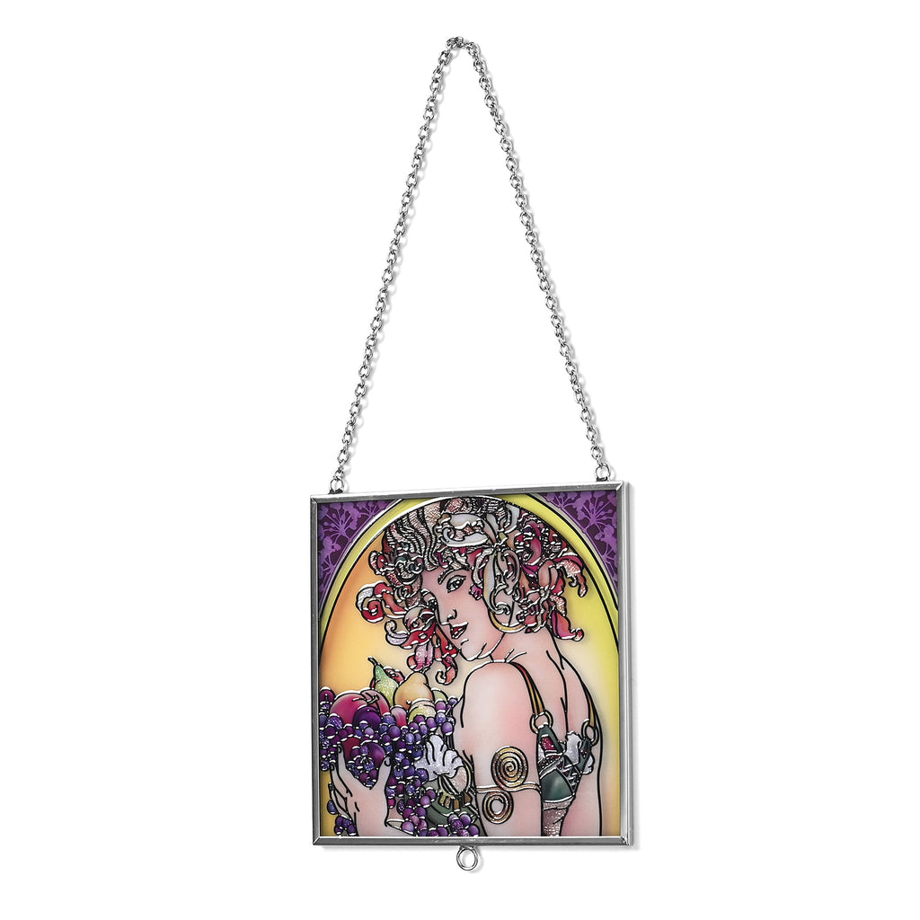 Alphonse Maria Mucha Glass Suncatcher - Square Pendant with Chain & Silver Frame - Multicolour_8087145_2