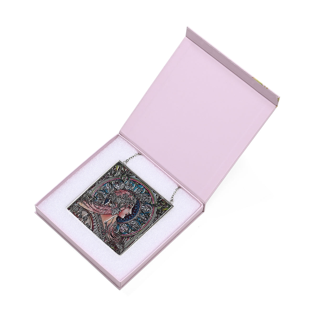 Alphonse Maria Mucha Glass Suncatcher - Square Pendant with Chain &amp; Silver Frame - Multicolour V32517641 0