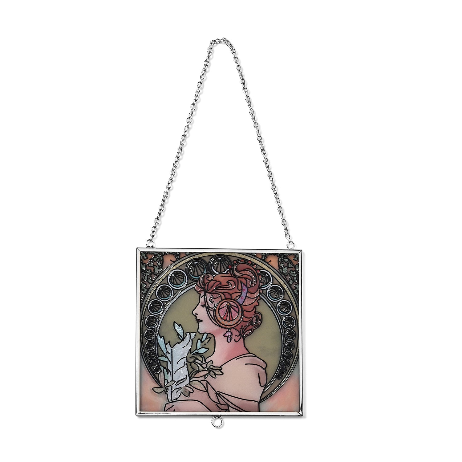 Alphonse Maria Mucha Glass Suncatcher - Square Pendant with Chain &amp; Silver Frame - Multicolour V32531069 2