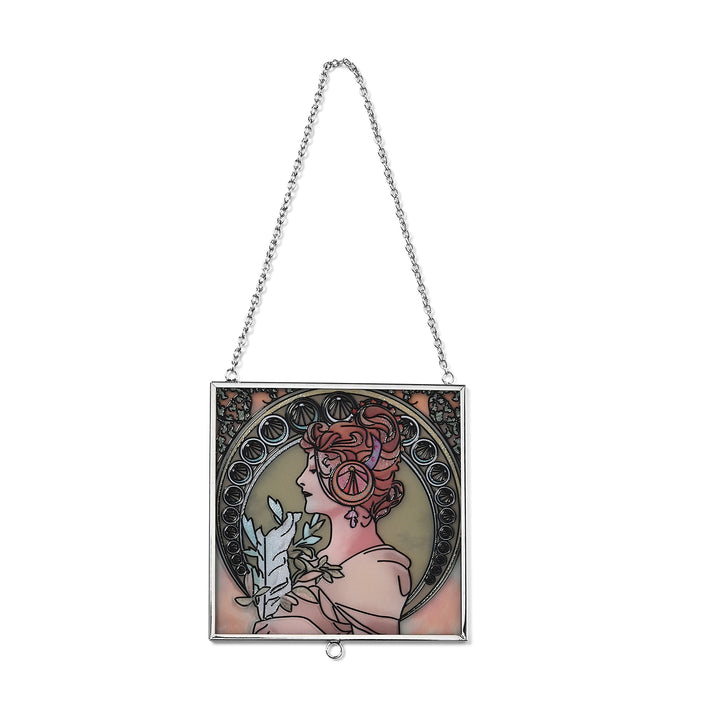 Alphonse Maria Mucha Glass Suncatcher - Square Pendant with Chain &amp; Silver Frame - Multicolour V32624623 2