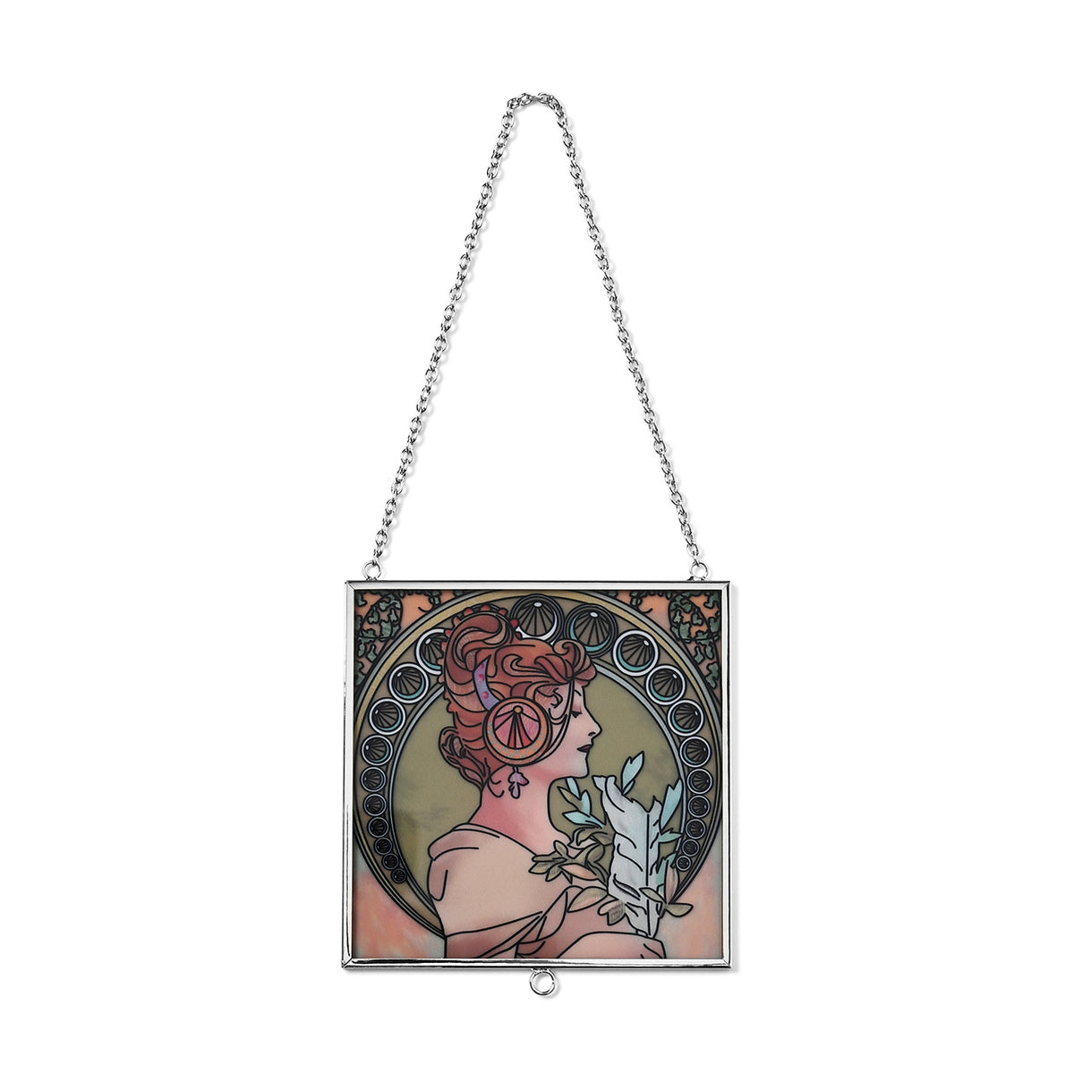 Alphonse Maria Mucha Glass Suncatcher - Square Pendant with Chain &amp; Silver Frame - Multicolour V32531069 4
