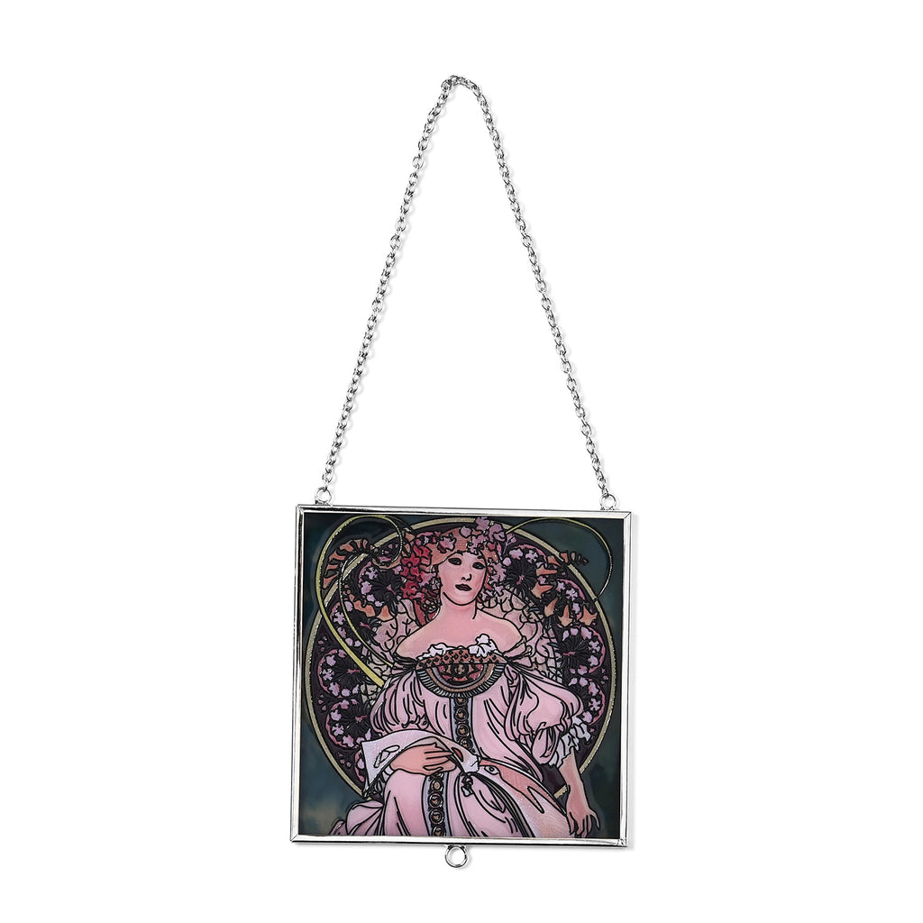 Alphonse Maria Mucha Glass Suncatcher - Square Pendant with Chain & Silver Frame - Multicolour_8087149_1