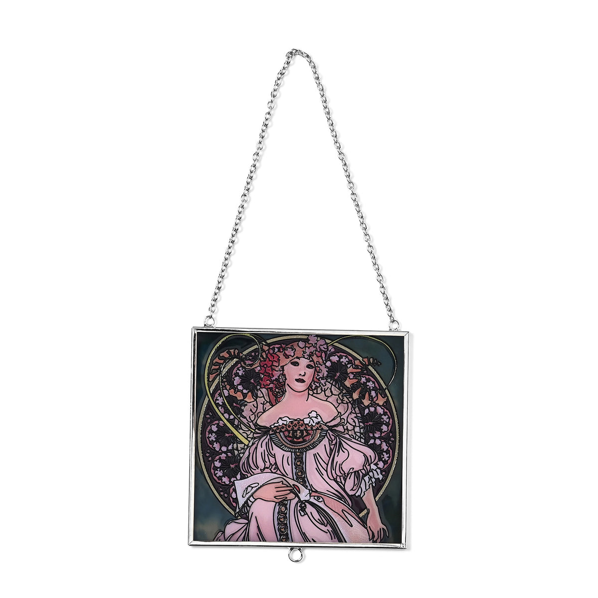 Alphonse Maria Mucha Glass Suncatcher - Square Pendant with Chain &amp; Silver Frame - Multicolour V32513001 2