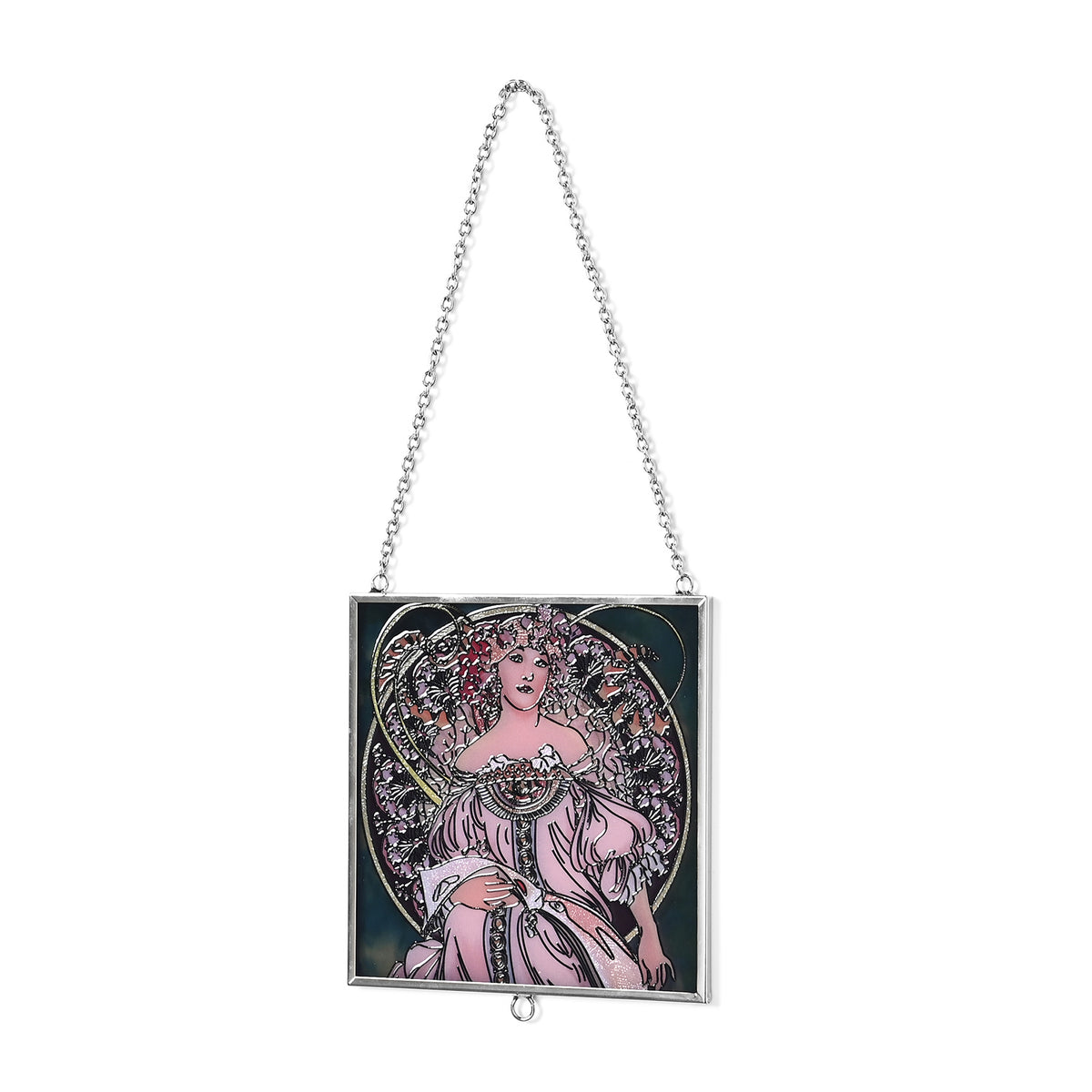 Alphonse Maria Mucha Glass Suncatcher - Square Pendant with Chain &amp; Silver Frame - Multicolour V32513001 3