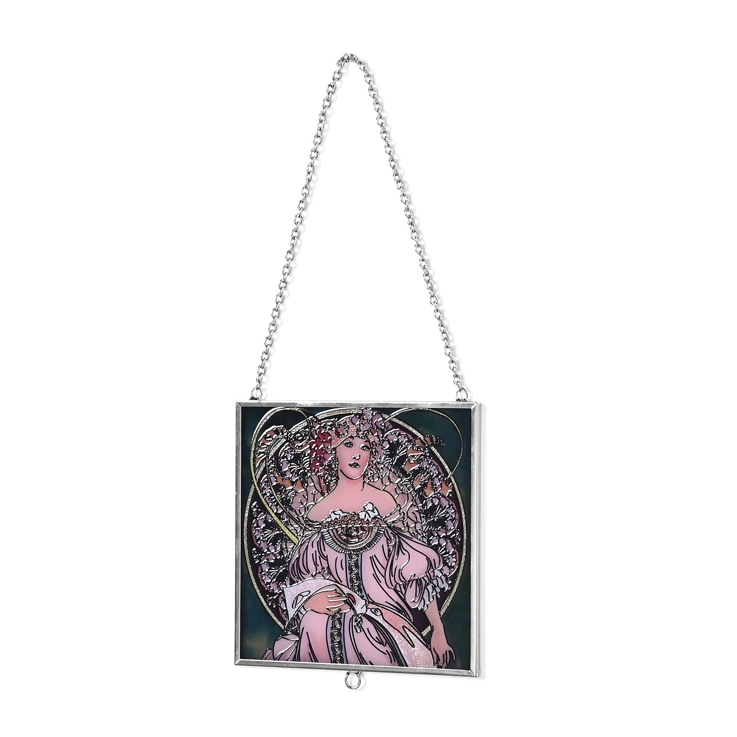 Alphonse Maria Mucha Glass Suncatcher - Square Pendant with Chain &amp; Silver Frame - Multicolour V32513001 3