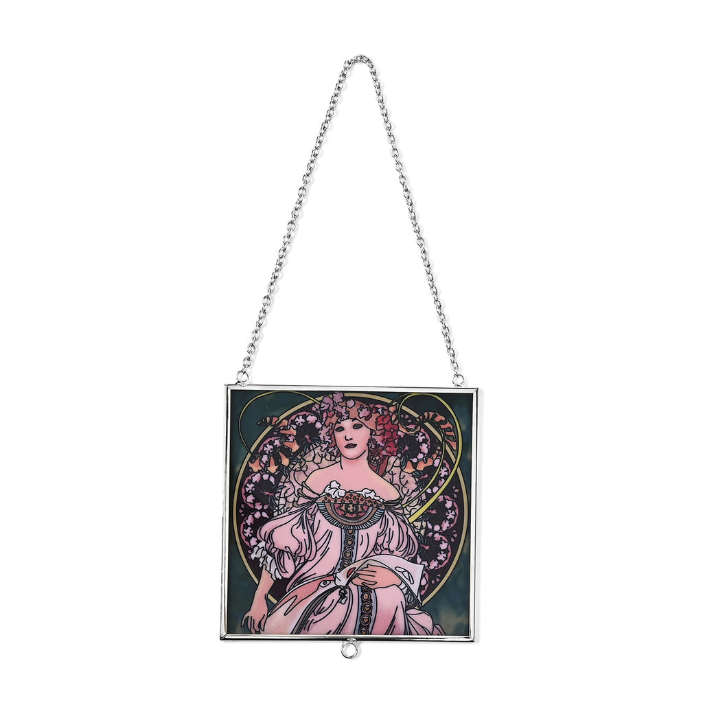 Alphonse Maria Mucha Glass Suncatcher - Square Pendant with Chain & Silver Frame - Multicolour_8087149_3