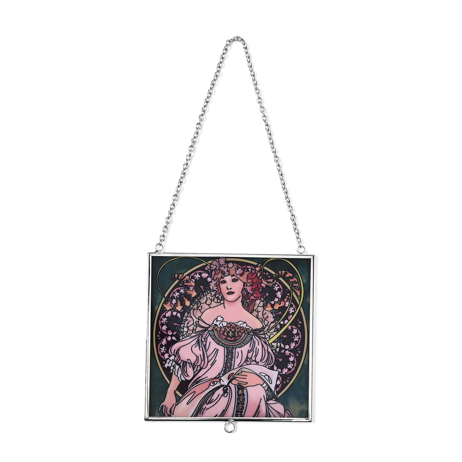 Alphonse Maria Mucha Glass Suncatcher - Square Pendant with Chain &amp; Silver Frame - Multicolour V32513001 4