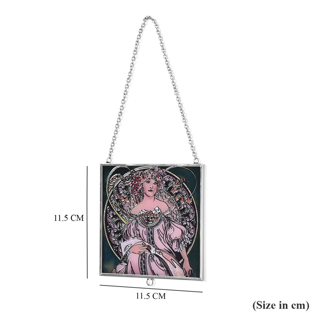 Alphonse Maria Mucha Glass Suncatcher - Square Pendant with Chain & Silver Frame - Multicolour_8087149_4