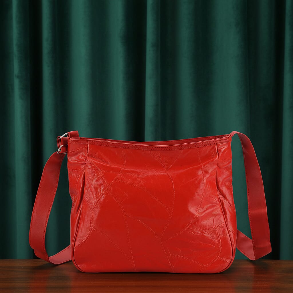 Patchwork Genuine Leather Crossbody Bag with Adjustable Shoulder Strap (125cm) - Red 8087717 2