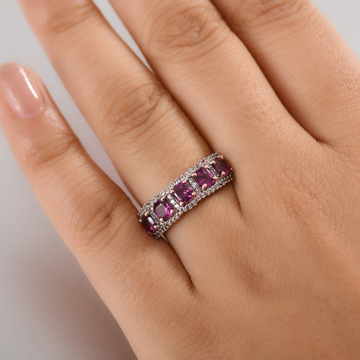 Radiant Ember Garnet, White Zircon 5-Stone Halo Ring in 18K Vermeil Rose Gold Plated Sterling Silver 2.51 Ct. 8087767 3