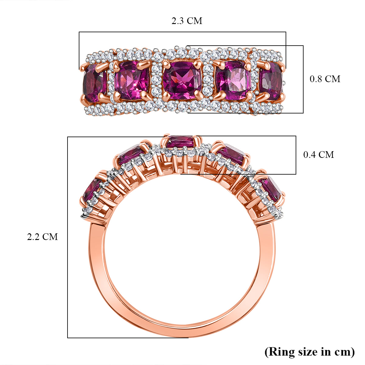 Radiant Ember Garnet, White Zircon 5-Stone Halo Ring in 18K Vermeil Rose Gold Plated Sterling Silver 2.51 Ct. 8087767 6