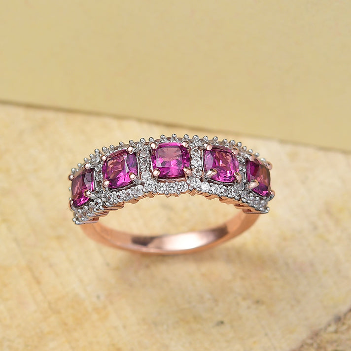 Radiant Ember Garnet, White Zircon 5-Stone Halo Ring in 18K Vermeil Rose Gold Plated Sterling Silver 2.51 Ct. 8087769 2