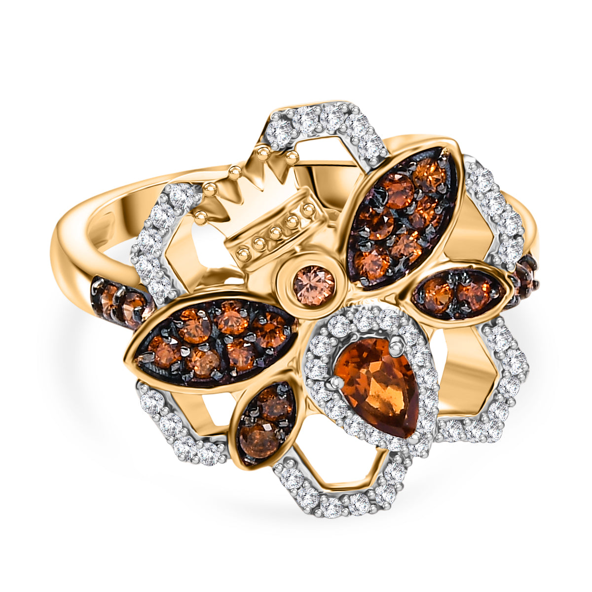 GP HoneyComb Collection - Madeira Citrine, White Zircon, Natural Champagne Zircon Queen Bee Ring in 18K Vermeil Yellow Gold Plated Sterling Silver 1.07 Ct. 8089689 0